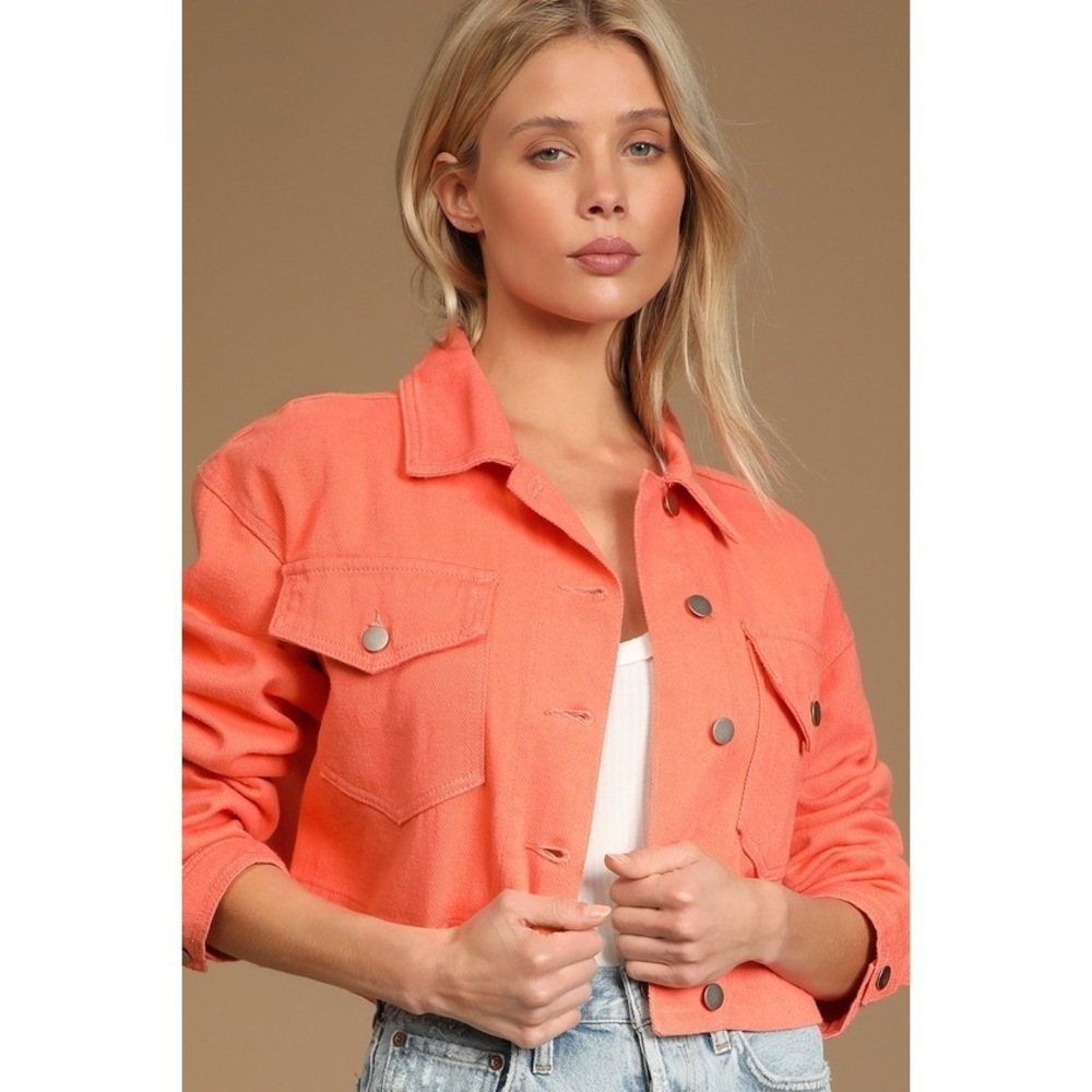 Lulus Heard About You Coral Cropped Twill Jacket Pink - Size S